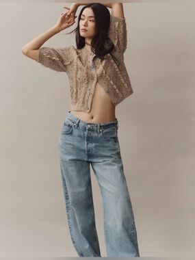 Maeve x Anthropologie Short-Sleeve Embellished Ruffle Cardigan Sweater. Sz. L